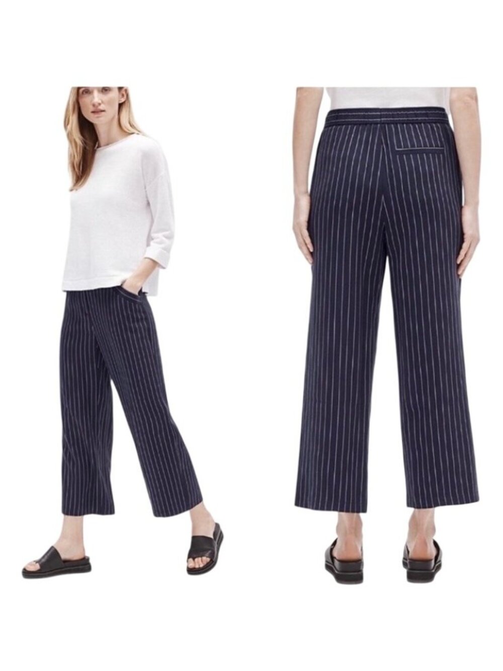EILEEN FISHER Pinstripe Crop Pants XS Tencel Blend Wide Leg Elastic Waist Blue